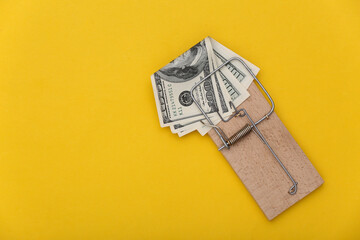 Mousetrap with dollar bait on yellow background. Trap or deception concept