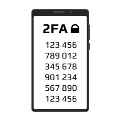 Two factor authentication 2FA concept with a codes on smartphone screen isolated on white background. Protecting your money. Vector illustration.