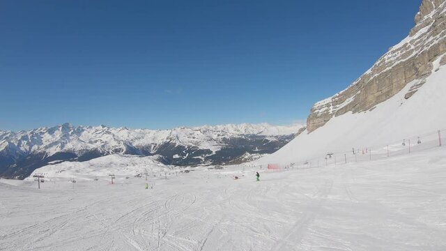 Madonna di Campiglio, Italy. Grost&egrave; slope. Ski helmet point of view. Skier POV. Alpine skiing. Italian Alps. Famous ski resort