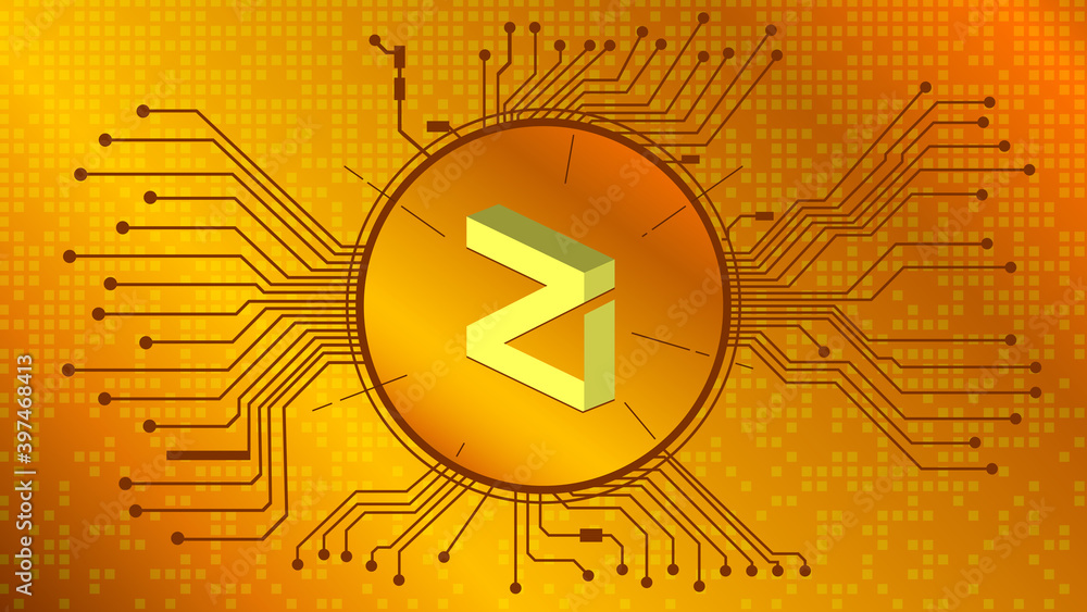 Wall mural zilliqa cryptocurrency token symbol, zil coin icon in circle with pcb on gold background. vector ill
