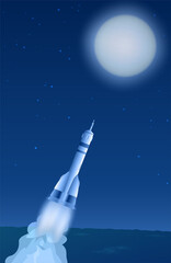 The spaceship flies to the moon in the starry sky. Engine flames and smoke. Blue tinted. Vertical vector illustration.