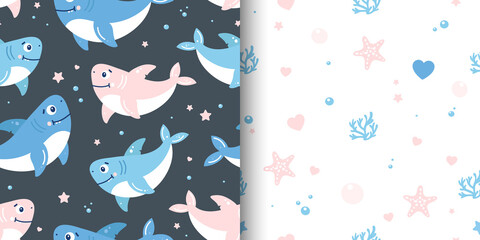 A set of two cute seamless patterns with sharks and sea objects.