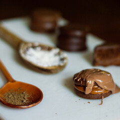 Uruguayan and Argentinian alfajor in dark scenery. Typical South American food. Chocolate cake with dulce de leche filling. Uruguay. Argentina