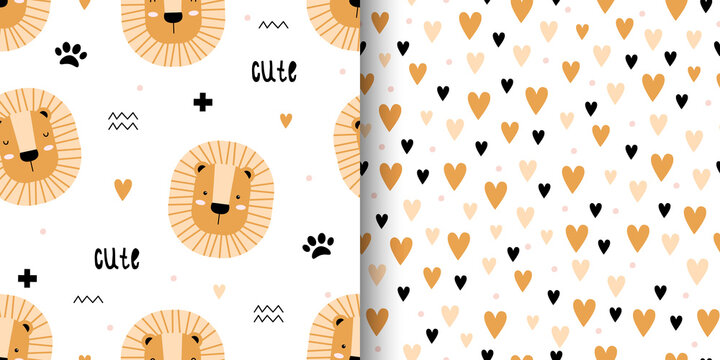 Set of two cute seamless pattern with lions and hearts.