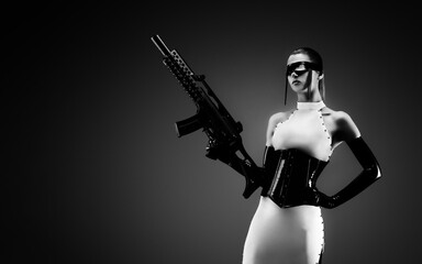 Futuristic portrait of a pretty young woman in a white dress, wearing a waist cincher, gloves, a...