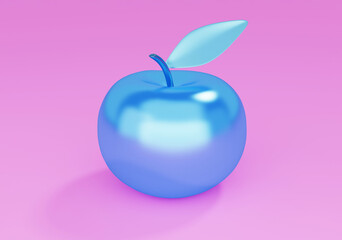 Blue glossy apple on violet background, 3d render