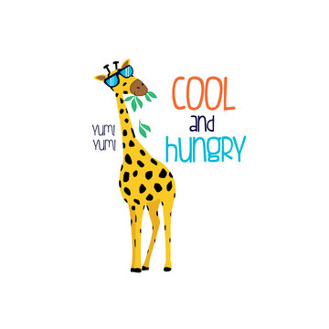 giraffe animal glasses cool hungry color text line wildlife black and white tee illustration art vector