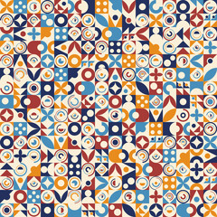 Geometric mosaic seamless pattern of different colors. The modern design consists of squares, circles, triangles. Vector illustration - 397470213