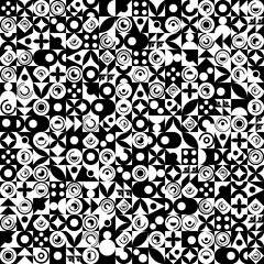 Geometric mosaic seamless pattern of black and white colors. The modern design consists of squares, circles, triangles. Vector illustration - 397470244