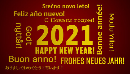 illustration of a word cloud with the message happy new year in gold and in different languages