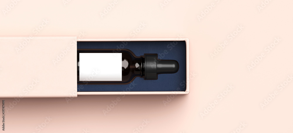 Poster mock-up template for cosmetic branding identity. cosmetic bottle and blank open sliding paper box on