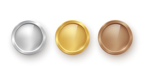 Gold, silver and bronze medals set. Blank metal prize awards vector illustration. Shiny sport round badges for firste, second and third place in competition on white background