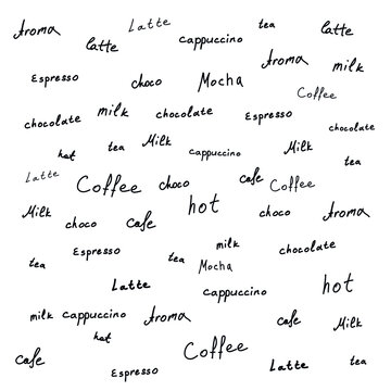 coffee and tea theme words handwrited on white, pattern