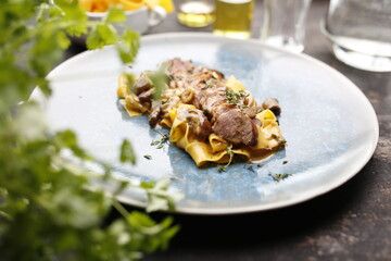 Tagliatelle pasta with sirloin and mushroom sauce.
Food, an appetizing dish on a plate. A proposal for an application. Culinary photography.
