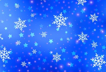 Light BLUE vector pattern with christmas snowflakes, stars.