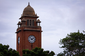 View of historic and popular clock tower near Marina Beach, Chennai, Tamil Nadu, India