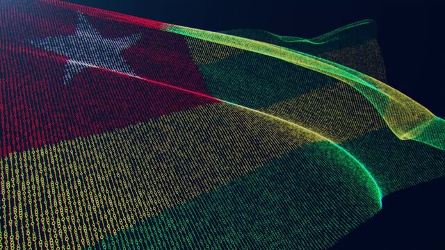 3d render. Togo digital flag with binary code texture flies in the wind. Seamless loop.