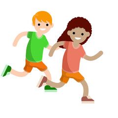 Kids are running race. Boy competes with girl. Sports and entertainment. Children game. Summer clothes-shorts and t-shirt. Man and a woman.
