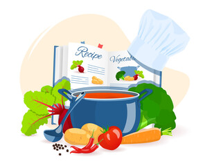 Recipe book, pan with soup, vegetables. Recipes, homemade food, food preparation, learning concept. Isolated vector illustration for flyer, poster, banner.