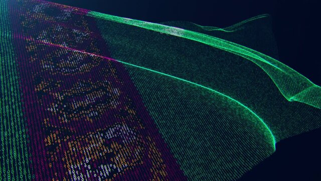3d render. Turkmenistan digital flag with binary code texture flies in the wind. Seamless loop.