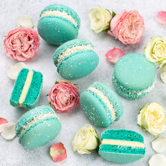 Feminine composition with traditional french macarons sweets and roses on light concrete background. Top view, close up.