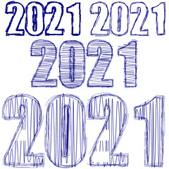 New year numbers 2021 sketch ballpoint pen vector on white background isolated.
