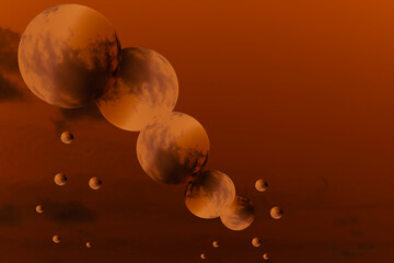 Ilustración de fantasía de varias esferas en 3D imitando a mundos en una galaxia ficticia