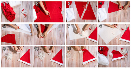 Step by step instructions DIY. 12 Steps collage. Master class creating red hat of Santa Claus....