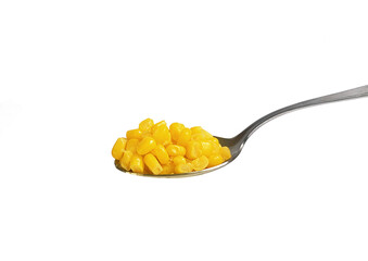 tablespoon with canned corn on white background