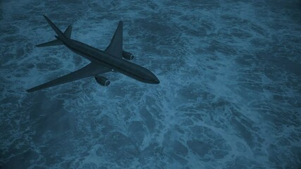 jet plane flies into a storm over a stormy sea through flashing lightning, 3d animation