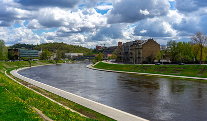 Fototapeta na wymiar April 27, 2018 Vilnius, Lithuania, Viliya River in Vilnius.