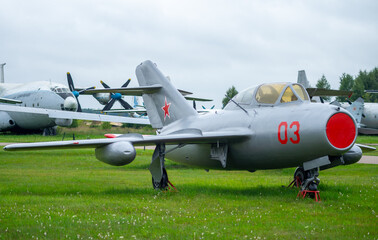 Fototapeta na wymiar July 18, 2018, Moscow region, Russia. Jet fighter aircraft Mikoyan-Gurevich MiG-15 at the Central Museum of the Russian Air Force in Monino.