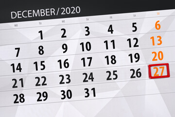 Obraz premium Calendar planner for the month december 2020, deadline day, 27, sunday