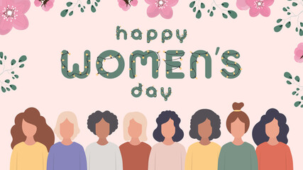 Happy womens day. Pink banner with flowers on the theme of women's day. Vector.