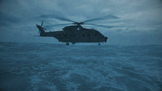 helicopter flies into a storm over a stormy sea through flashing lightning, 3d animation
