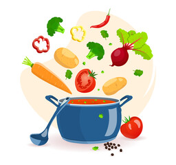 Recipe book, pan with soup and vegetables. Recipes, homemade food, food preparation, learning concept. Isolated vector illustration for flyer, poster, banner.