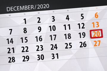 Obraz premium Calendar planner for the month december 2020, deadline day, 20, sunday