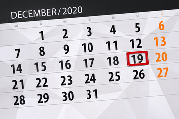Obraz premium Calendar planner for the month december 2020, deadline day, 19, saturday