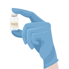 COVID-19 vaccine in the doctor's hand. Coronavirus vaccine COVID-19. Hands in blue gloves of doctor, hold an ampoule with a vaccine. Vector illustration.