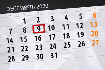 Obraz premium Calendar planner for the month december 2020, deadline day, 9, wednesday