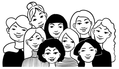 Faces - hand drawn a crowd of many different young women and girls from diverse cultural. Doodle style vector illustration