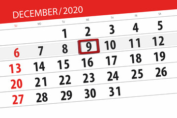 Obraz premium Calendar planner for the month december 2020, deadline day, 9, wednesday