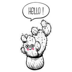Cute cactus vector illustration. Smiling character cactus print. Hand drawn sketch. Kids design