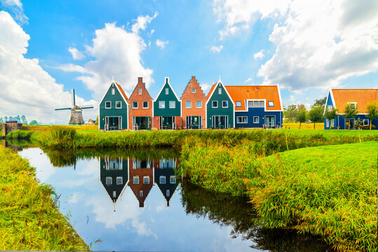 Volendam is a town in North Holland in the Netherlands. Colored houses of marine park in Volendam. Netherlands.