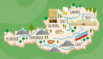 Cartoon map of Austria. Travel illustration with austrian landmarks, buildings, food and plants. Funny tourist infographics. National symbols. Famous attractions. Vector illustration.