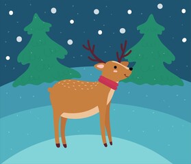 Cute Christmas reindeer with opened eyes and red scarf in winter forest. Christmas trees. Funny hand drawn animal with light brown dots and black hooves. Vector illustration