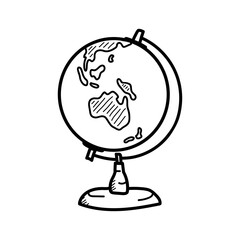 Hand Drawn globe doodle. Side with Africa, Australia, Europe, America. Sketch icon. Vector illustration Isolated on white.