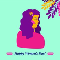 Vector illustrated greeting card with trendy hipster girl with purple hair international women's day 