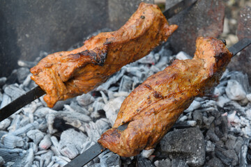 grilled pork shashlik on skewer