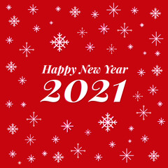 Fototapeta na wymiar Vector new year 2021 greeting card with white snowflakes and red background